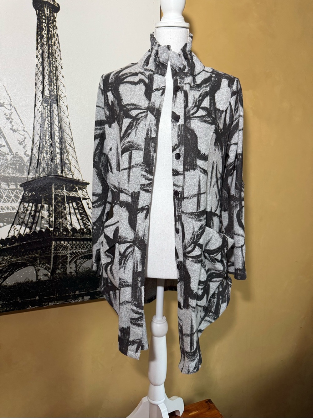 Abstract Black and White Open-Front Women's Jacket